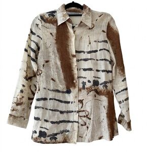 Simons Abstract 100%linen Button-Up Shirt in Cream, Brown & Black